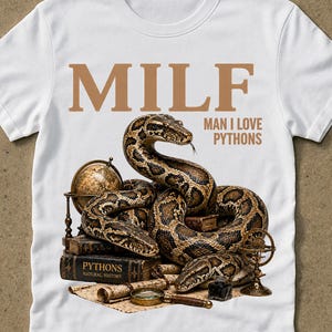 Może przedstawiać: Biała koszulka z napisem "MILF" nad "MAN I LOVE PYTHONS" w kolorze brązowym. Na koszulce znajduje się szczegółowa ilustracja pytona zwiniętego wokół książek, globusa i lupy. Słowo "white" znajduje się w prawym dolnym rogu.