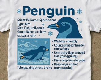 Maglietta con informazioni sui pinguini, t-shirt grafica vintage anni '90, maglietta retrò con pinguini, costume. T-shirt unisex per adulti