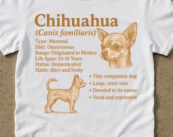 May include: White t-shirt featuring a detailed illustration of a Chihuahua dog with the breed's name and characteristics. The text includes details like "Type: Mammal" and "Life Span: 14-16 Years". The word "white" is printed at the bottom right.