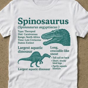 May include: White t-shirt featuring a teal graphic of a Spinosaurus dinosaur with informational text. The design includes illustrations of the dinosaur and details about its characteristics, such as its diet and habitat.