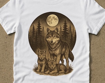 Vintage Wolf Pack T-Shirt, Rustic Outdoor Gift, Moon Forest Wolf Top, Retro Wildlife Graphic Tee