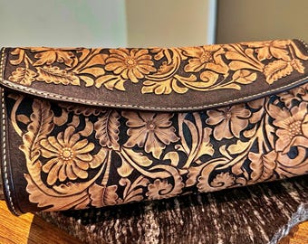 Met de hand gemaakte leren clutch | Lange portemonnee met bloemen | Handgemaakte westernportemonnee | Damesaccessoire | Aangepaste kleuren beschikbaar