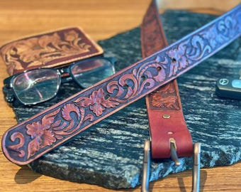 Handgemaakte leren westernriem: bloemdessin, aanpasbare breedte