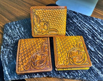 Custom Hand Tooled Leather Bifold Wallet | Floral Carved Western Mens Wallet