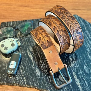 Rustauro Tooled Leather Belt | Handmade & Dyed Oak Leaf and Acorn Design | Customizable | 1.5&quot; and 2&quot; Width | Made to Order | Gift for Him