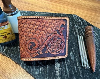 Handgemaakte leren dubbele portemonnee | Mandgeweven en bloemen, gepersonaliseerd