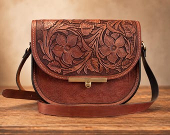 Hand Tooled Leather Crossbody Satchel Bag, Full Grain Floral Leather Purse
