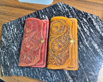 Hand-Tooled Leather Floral Wallet: Long Bifold, Personalized
