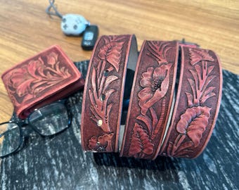 Handgemaakte leren westernriem: bloemdessin, aanpasbare breedte