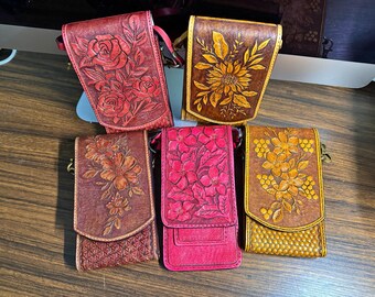 Hand Tooled Leather Phone Crossbody Bag | Floral Mini Purse | Boho Western Style