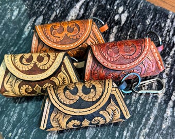 Hand Tooled Leather Pouch | Floral Western Key Fob Case, AirPod Coin Holder
