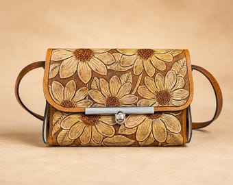 Hand Tooled Leather Crossbody Bag, Floral Full Grain Leather Purse, Western Style