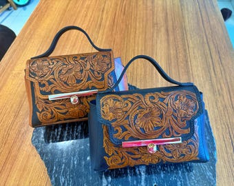 Hand Tooled Leather Top Handle Bag | Western Floral Carved Purse | Boho Style