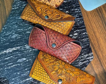 Hand Tooled Leather Glasses Case | Western Floral, Geometric, Sunflower Designs