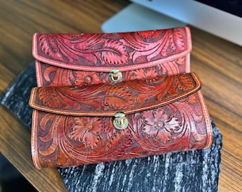 Hand Tooled Leather Clutch | Western Floral Carved Wallet Purse