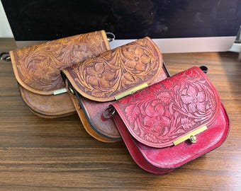 Hand Tooled Leather Crossbody Bag: Rustic Floral Design, Adjustable Strap
