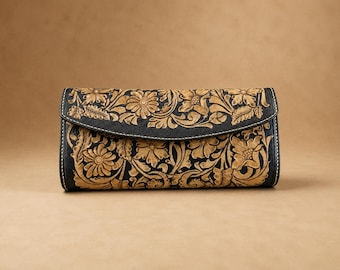 Hand-Tooled Leather Clutch, Western Floral Design, Full-Grain Cowhide