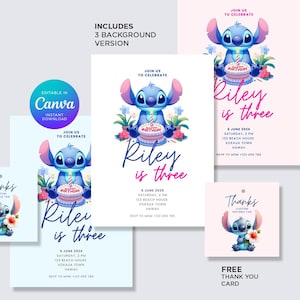 Editable Stitch birthday invitation. Birthday Girl, Birthday Boy, Stitch Birthday Party Invite, Canva Printable, Editable Thank You Tag