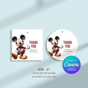Editable Mickey Mouse Thank You Tag: Birthday Party Favor (Printable Canva)