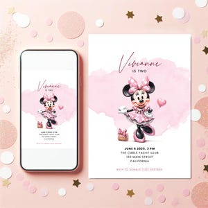 Bearbeitbare Rosa Minnie Maus Geburtstagseinladung, Aquarell Mädchen Geburtstagseinladung, druckbare Einladung, Rosa Minnie Einladung, Canva
