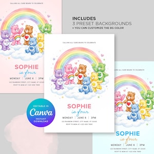 Redigerbar födelsedagsinbjudan till Care Bears, utskrivbar inbjudningsmall för regnbågsfest (digital nedladdning)