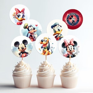 Mickey Cupcake Toppers Birthday Decoration Baby Shower Decor Disney Printable NOT Editable Minnie Donald Pluto Daisy Party Watercolor