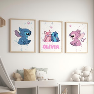 Personalisierte Stitch & Angel Kinderzimmer Wandkunst, Set mit 3 Drucken | Lilo und Stitch Name Poster, Ohana Kinderzimmer Dekor, Baby Geschenk, Digital
