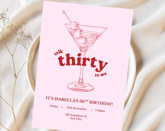 Gepersonaliseerde Talk Thirty To Me-verjaardagsuitnodiging | Roze en rood (digitaal ontwerp)