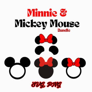 May include: A graphic bundle featuring Minnie and Mickey Mouse designs. The image includes black silhouettes of Mickey Mouse ears, Minnie Mouse ears with red bows, and the text "Minnie & Mickey Mouse Bundle" in red and black.