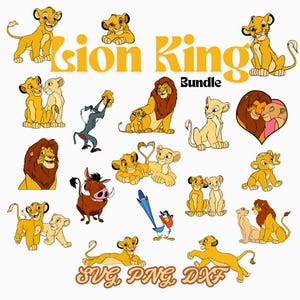 May include: A selection of cartoon illustrations featuring characters from "The Lion King." The images include Simba, Nala, Mufasa, Timon, Pumbaa, and Zazu. The words "Lion King Bundle" are displayed in a yellow, retro font, with "SVG PNG DXF" below.