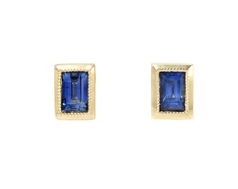 Blue Sapphire Baguette Studs with Gold Milgrain Bezels by NIXIN