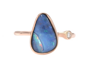 Rainbow River Dali Blue Boulder Opal and Diamond Rose Gold Ring by NIXIN Jewelry