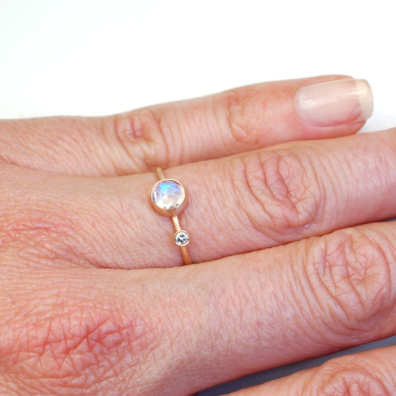 Rose Cut Moonstone Ring in 14k Gold with Sparkling Accent Diamond