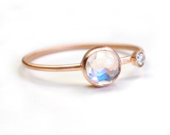 Rose Cut Moonstone Ring in 14k Gold with Sparkling Accent Diamond