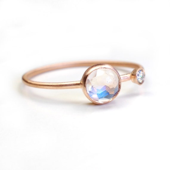 Rose Cut Moonstone Ring in 14k Gold with Sparkling Accent Diamond