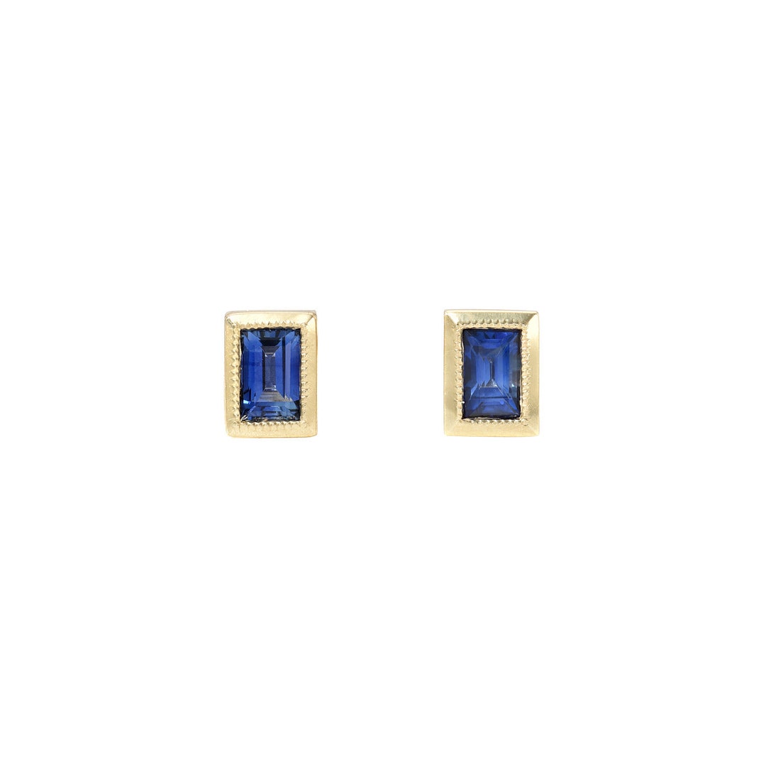 Blue Sapphire Baguette Studs With Gold Milgrain Bezels by - Etsy