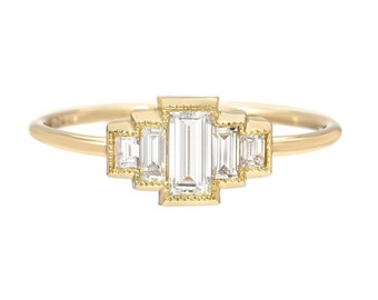 Art Deco Baguette Five Stone Ring Small Diamond Ring by NIXIN