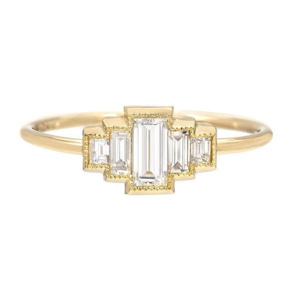 Art Deco Baguette Five Stone Ring Small Diamond Ring by NIXIN