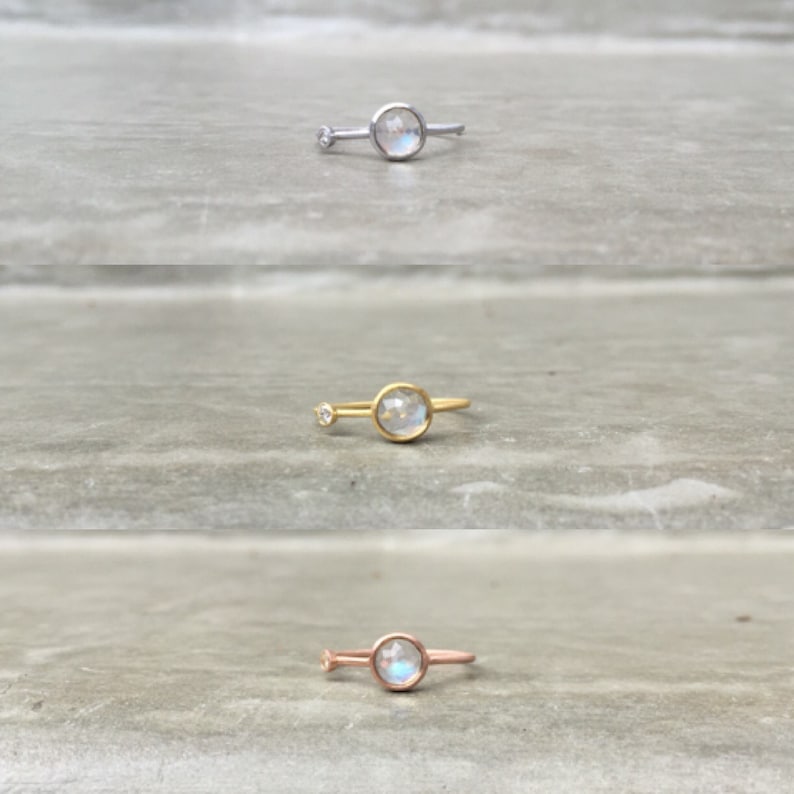 Rose Cut Moonstone Ring in 14k Gold with Sparkling Accent Diamond