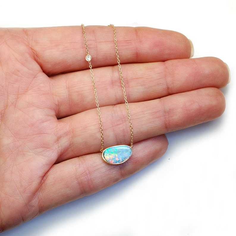 Opal Necklace Opal Diamond Necklace Blue Opal Necklace - Etsy