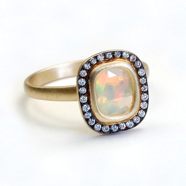 Opal Diamond Ring, Opal Engagement Ring, Opal Ring, Pave Diamond Ring, Opal and Gold Ring, Opal, OOAK, Nixin