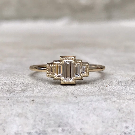 Art Deco Baguette Five Stone Ring Small Diamond Ring by NIXIN