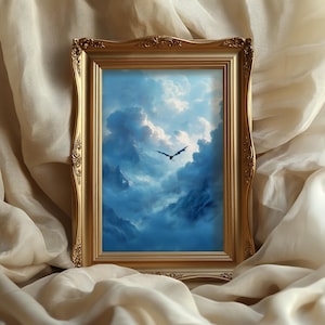 Peut inclure: Une impression d'art encadrée, représentant un paysage fantastique avec un dragon volant dans un ciel bleu nuageux. L'œuvre est présentée dans un cadre doré orné, ajoutant une touche d'élégance.