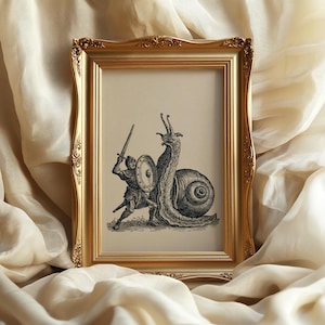 Può includere: Una stampa incorniciata che mostra un'illustrazione a inchiostro in bianco e nero di un cavaliere in armatura con spada e scudo, in scontro con una lumaca gigante. L'opera è racchiusa in una cornice rettangolare dorata e decorata.
