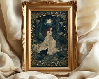 Witch in forest Tapestry art print: Dark Cottagecore Decor