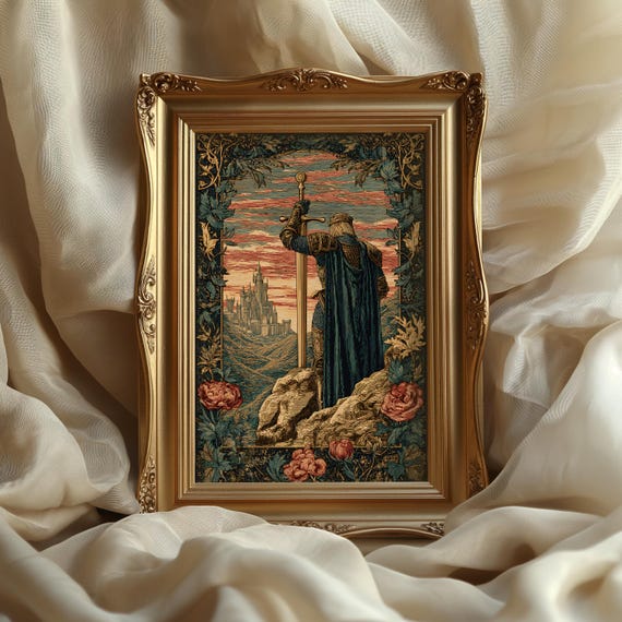 Excalibur Poster, Medieval tapestry King Arthur Wall Art, Castle Fantasy Decor