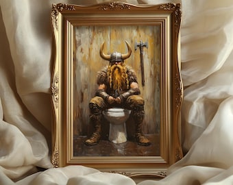 Funny Viking on Toilet Art Print, Nordic Bathroom Humor