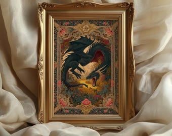 Dragon Poster: Medieval Fantasy Wall Art, Treasure Hoard Illustration, Gothic Castle Decor