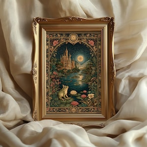 May include: A framed art print featuring a whimsical scene with a castle, a frog, and a moonlit lake. The artwork is set within an ornate gold frame. The color palette includes blues, greens, and golds, creating a fairytale aesthetic.