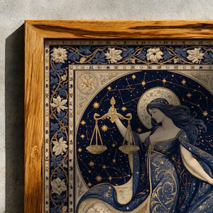 May include: A framed art print featuring a celestial illustration of the Libra zodiac sign. The artwork depicts a woman holding scales against a dark blue background with gold stars. The frame is made of light brown wood.